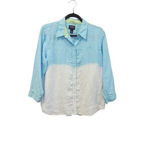 Chaps Classics XL Blue & White Ombré 100% Linen Button-Up Shirt With 3/4 Sleeves